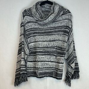 Venus Sweater Women's Size Medium Black White Cowl Neck Fringed Boho Chunky Knit